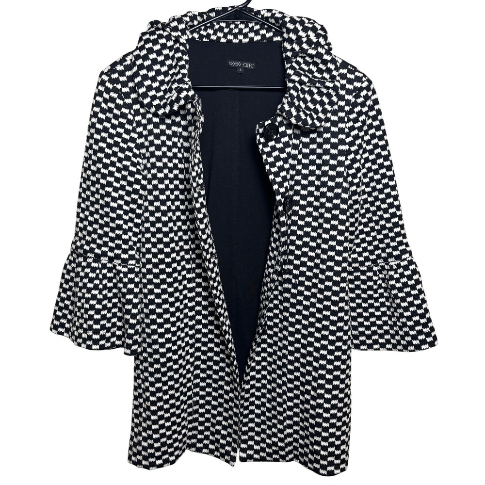Boho Chic Black Houndstooth‎ Ruffled Collar Bell Sleeves Blazer Jacket Womens S